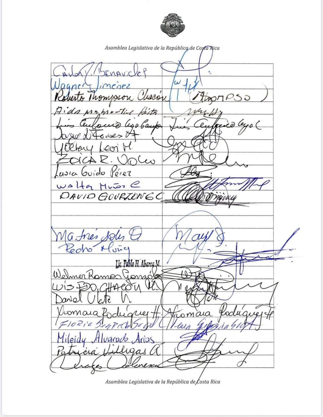 Firmas de los diputados de la Asamblea Legislativa de Costa Rica