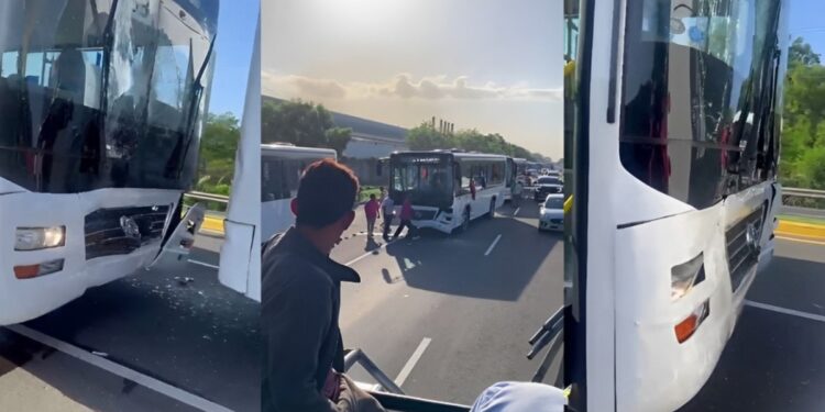 Los daños materiales en los buses chinos involucrados en una cuádruple colisión podrían superar los 10 mil dólares. Foto: Captura de video.