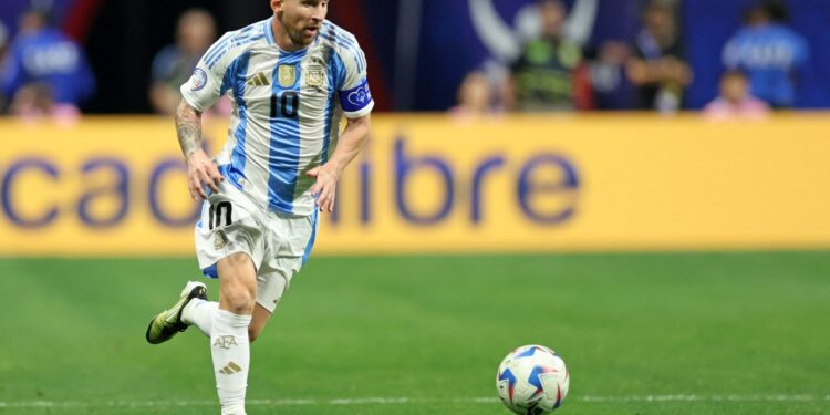 Argentina's forward #10 Lionel Messi controls the ball during the Conmebol 2024 Copa America tournament group A football match between Argentina and Canada at Mercedes Benz Stadium in Atlanta, Georgia, on June 20, 2024. (Photo by CHARLY TRIBALLEAU / AFP)