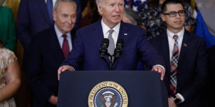 WASHINGTON, DC - JUNE 18: U.S. President Joe Biden delivers remarks at an event marking the 12th anniversary of the Deferred Action for Childhood Arrivals (DACA) program in the East Room at the White House on June 18, 2024 in Washington, DC. Biden announced a new program that will provide protections for undocumented immigrants married to U.S. citizens, allowing them to obtain work authorization and streamline their path to citizenship.   Kevin Dietsch/Getty Images/AFP (Photo by Kevin Dietsch / GETTY IMAGES NORTH AMERICA / Getty Images via AFP)
